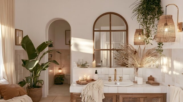 Warm modern bathroom interior with natural wood vanity, woven accents, indoor plants, and soft sunlight