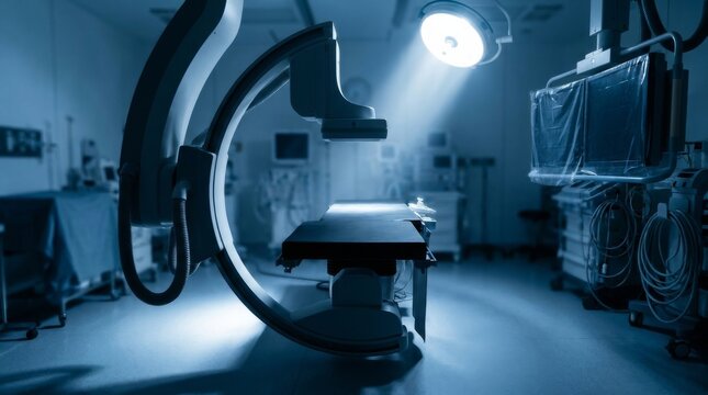 Modern operating room with c-arm x-ray imaging system and surgical equipment