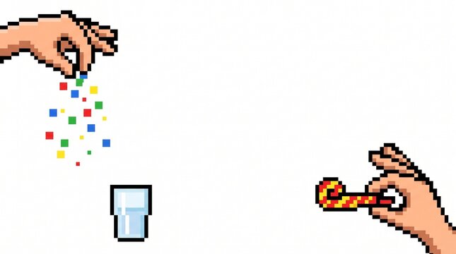 Pixel art hands dropping confetti and holding a party horn on white background