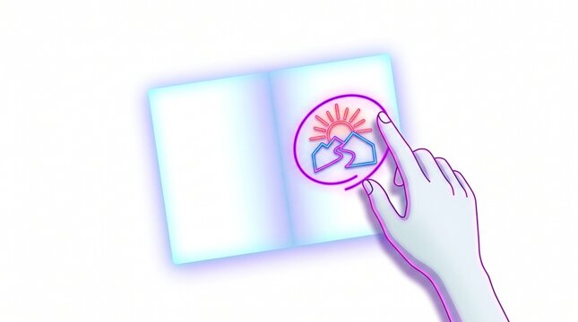 Digital interface shows a hand interacting with a neon icon of mountains and sun