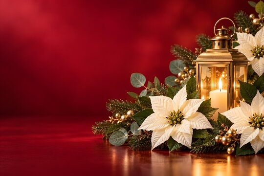 金色のランタンと白いポインセチアを飾った赤いクリスマス背景