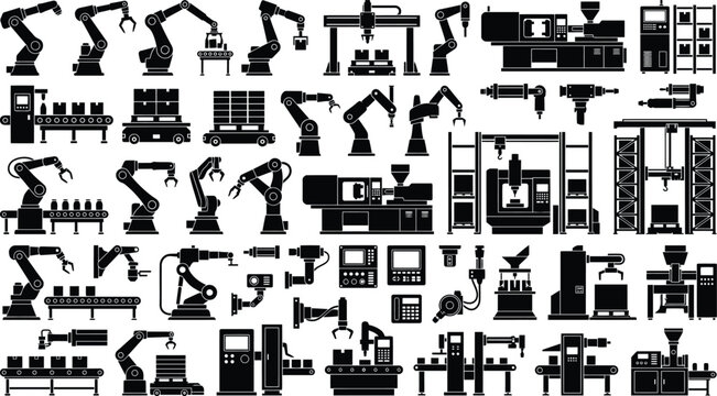 WebIndustrial robot arm silhouettes for automation, manufacturing, CNC machinery, conveyor systems, and factory equipment