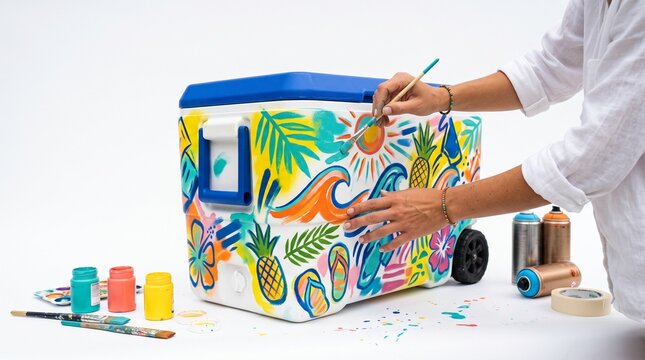 Artist customizes a cooler with vibrant tropical beach art and summer motifs