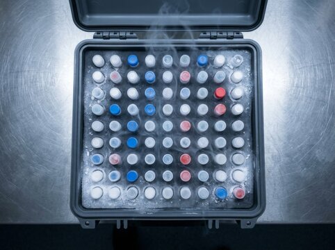 Portable medical cold storage case filled with small cryogenic sample vials