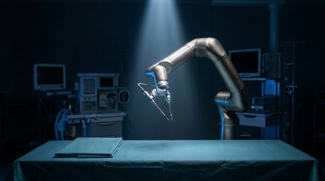 High tech robotic surgical arm hovering over an operating table in a sterile surgical suite