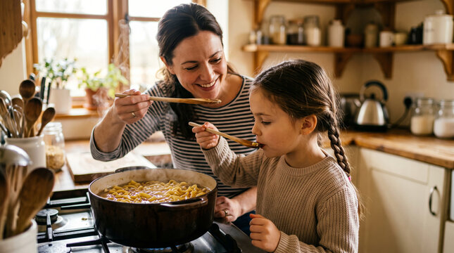 Mother and Daughter Tasting Homemade Noodles Cooking on Stove