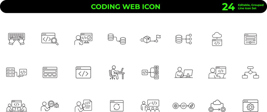 Coding web icon set, 24  line icons for software development, programming and data engineering vector symbols ,Clean grouped each vector icon.