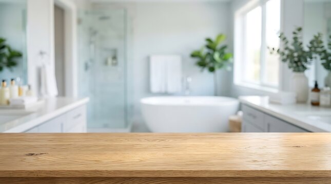 Empty wooden table counter top for product display with blurred modern bright bathroom interior mockup background.