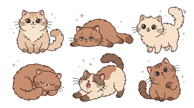 Adorable Cozy Cartoon Cats Poses Sticker Collection