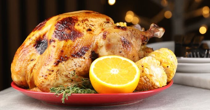 Thanksgiving Day. Woman serving table with delicious roasted turkey, wine and cutlery against blurred lights, closeup