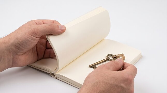 Person holding an antique key on an open blank notebook page