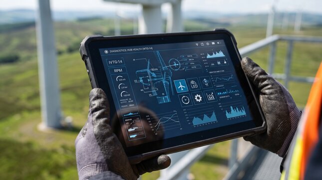 Technician monitors wind turbine performance data on a rugged tablet computer