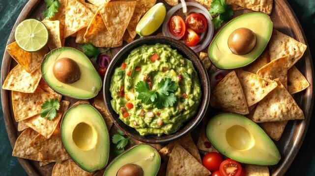 Guacamole avocado tortilla chip with lime tomato cilantro salsa food spread overhead view