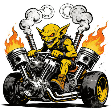 Yellow Fantasy Mechanic Creature Riding Flaming Chrome V-Twin Hot Rod Engine With Rugged Wheels