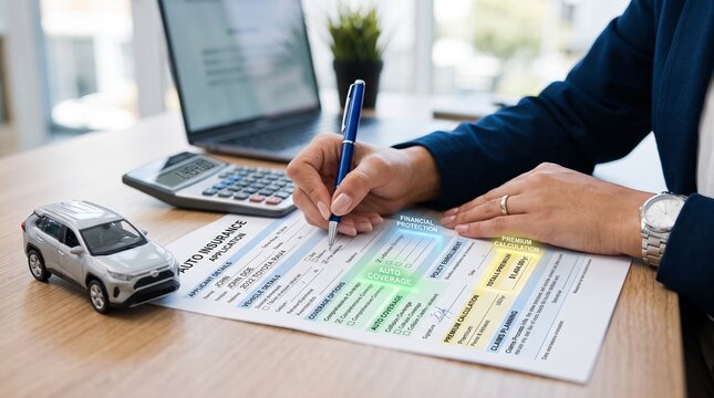 Person filling out auto insurance application form with car model and calculator on desk