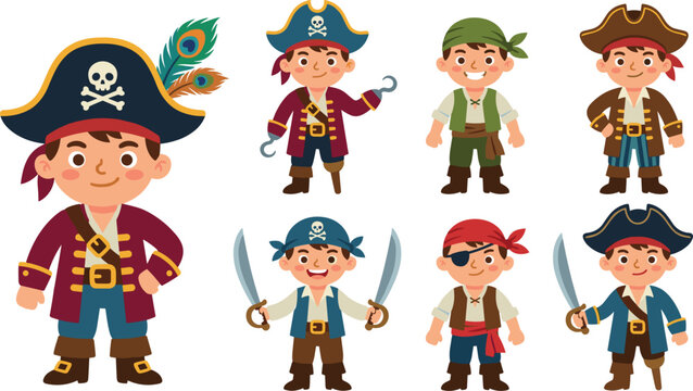 Cute cartoon boy pirate character collection set with swords hats hooks and hooks vector illustration
