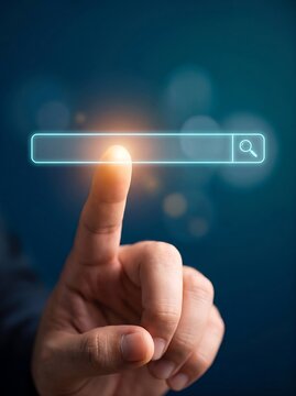 Human finger touching a glowing futuristic search interface with blue neon light and a warm contact point.