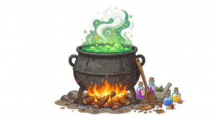 Old iron witch cauldron with boiling green magic potion and ingredients © Dian