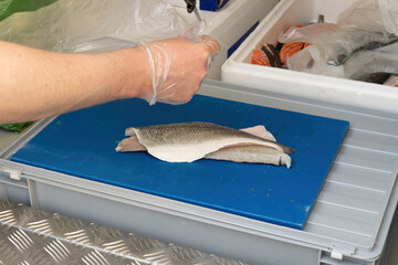 Fishmonger wrapping fresh fish fillets in mobile van © Tosh Lubek