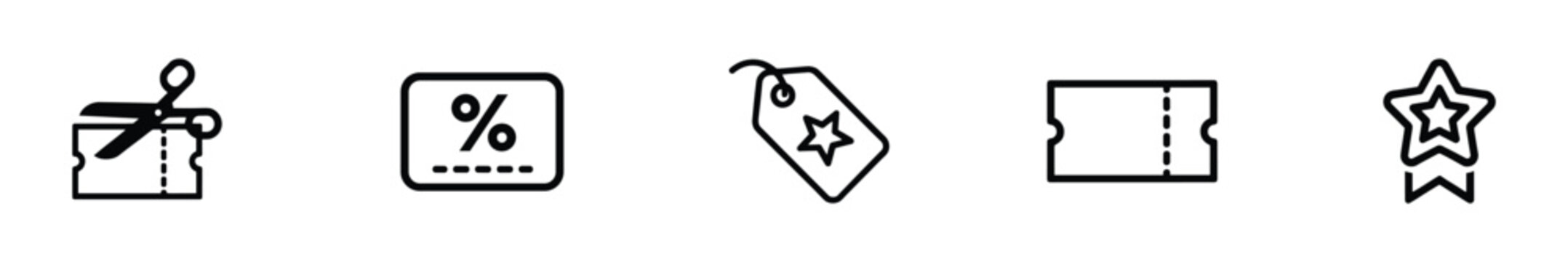Coupon icon set with cut voucher and percent discount card