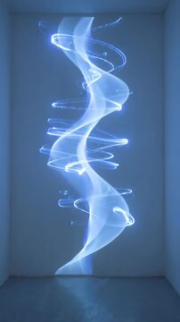 Abstract Blue Light Spiral AI Analytics Energy Glow with Luminous Smoke Ribbon, Futuristic Helix Sculpture and Atmospheric Dark Chamber Depth