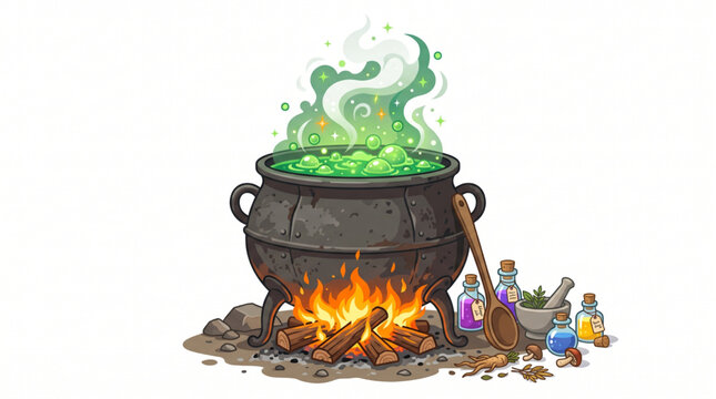 Old iron witch cauldron with boiling green magic potion and ingredients
