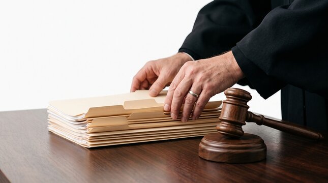Judge reviewing case files with gavel on desk