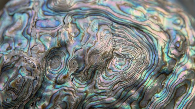 Close up of iridescent abalone shell surface with swirling patterns and vibrant colors