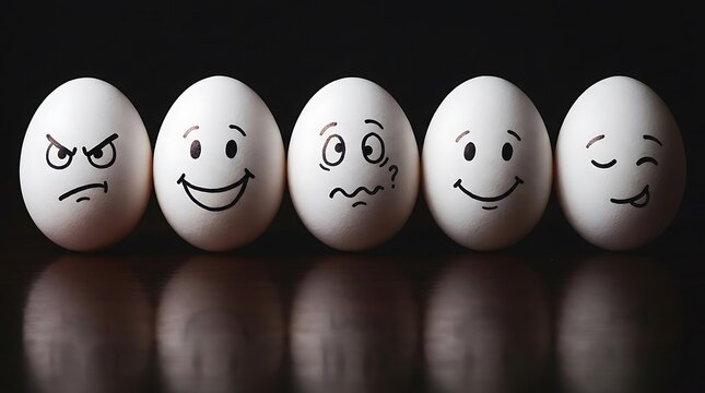 Five white chicken eggs lined up with different handdrawn emotional face expressions