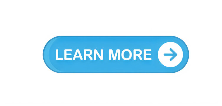 A blue button with white text that reads learn more and a right arrow isolated on transparent background