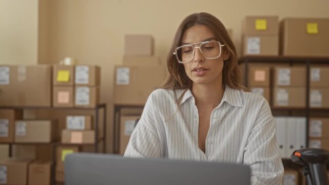 Woman with glasses rests chin on clasped hands while seated at laptop among labeled shipping boxes on shelving in a small business storage building; tired reflection.