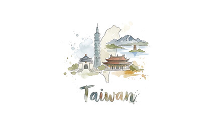 Obraz premium Serene watercolor illustration of Taiwan showcasing Taipei 101, historic temples, scenic mountains, and traditional pagodas