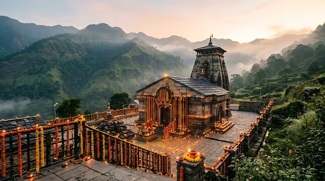 Ancient Hindu stone temple nestled in the Himalayan mountains at sunrise.