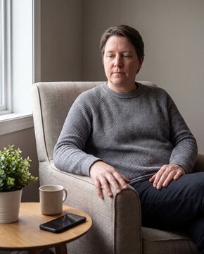 Office employee takes restorative break in workplace quiet room