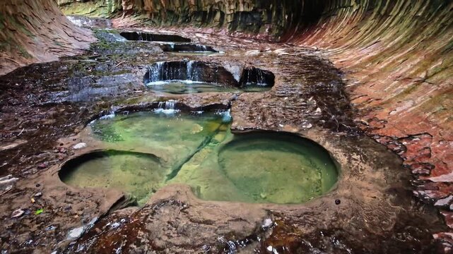 Pristine creek waters carve through sculpted sandstone pools within the tubular chambers of The Subway in Zion National Park Utah