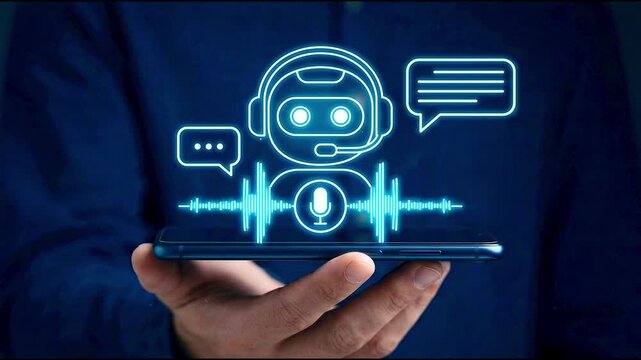 Hand holding smartphone with AI voice assistant chatbot technology interface and sound wave hologram