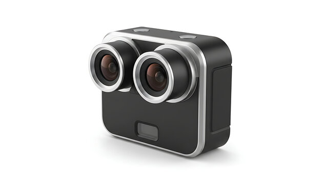 A modern dual-lens stereoscopic camera sits against a plain white studio background.