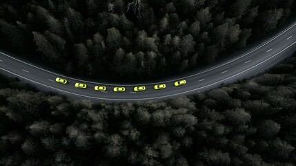 Obraz premium Yellow cars driving on a curved mountain road through a dense dark forest, aerial view