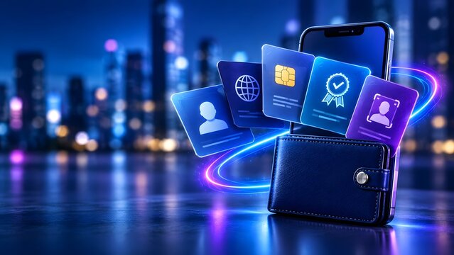 Digital wallet application on smartphone displaying secure electronic identity cards and virtual payment credentials over modern city background