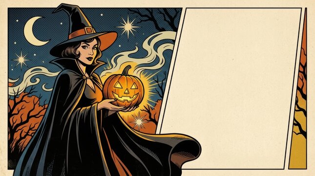 Vintage 1960s comic book style Halloween banner featuring a stylish witch with a glowing jack-o'-lantern and large copy space for seasonal campaign messaging.