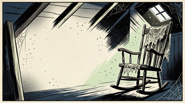 Vintage Horror Comic Attic Banner with Rocking Chair and Copy Space