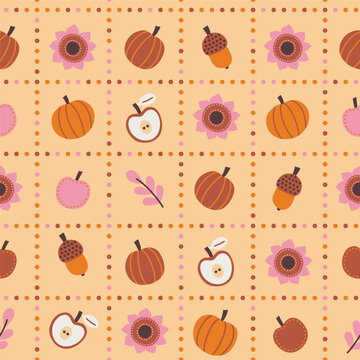Autumn Harvest Folk Grid Seamless Pattern with Pumpkins and Apples