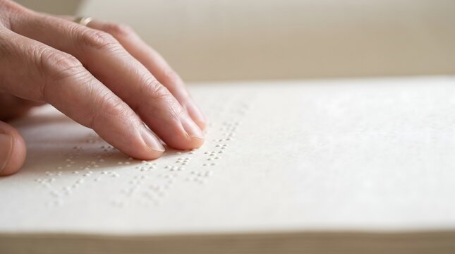 Close up of hand reading braille book with embossed dots for blind education and accessibility