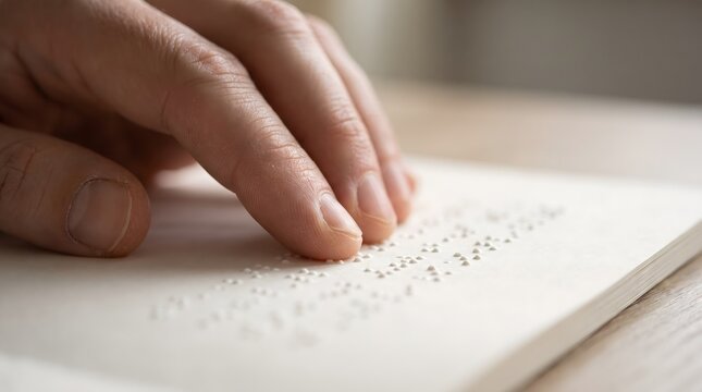 Macro shot of blind person fingertips touching raised dots on braille page to read text
