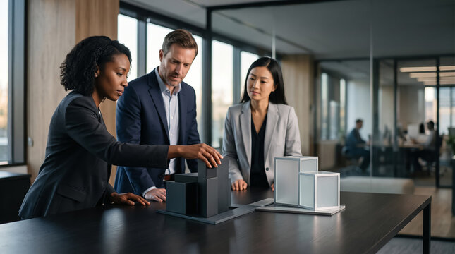 Diverse business executives analyzing architectural bar chart for competitive business strategy