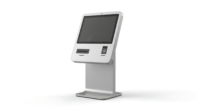 A modern white self-service kiosk with a touchscreen display stands against a white.