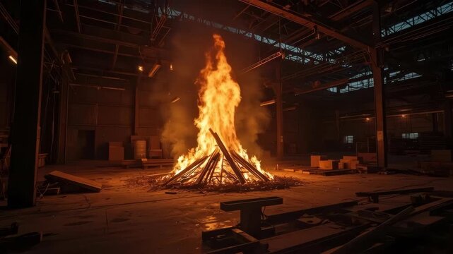 Industrial Warehouse Fire and Bonfire Flame Casting Warm Orange Light Across Dark Interior