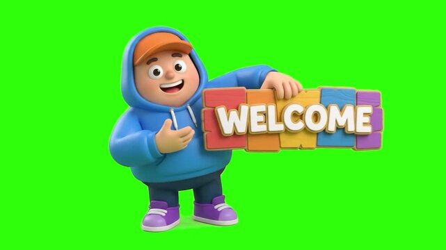 A cheerful 3D cartoon boy wearing a blue hoodie and orange cap holding a colorful wooden "WELCOME" sign, isolated on a chroma key green screen background. Ideal for channel intro animations, website g