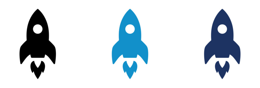 Three rocket ship icons in black and blue colors representing startup launch and space exploration.