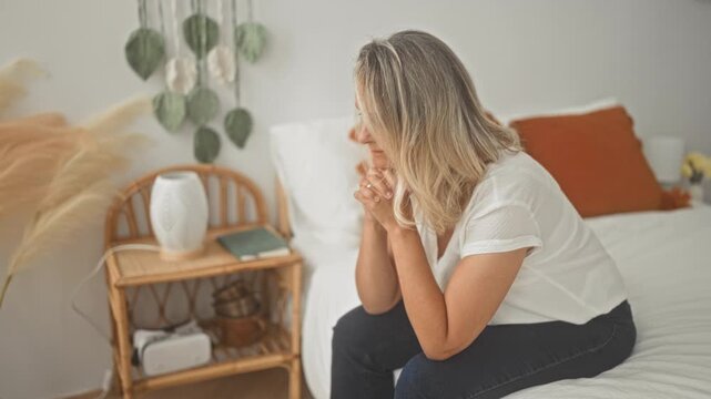 Woman sitting on bed, hands clasped under chin, forearms on knees, wearing white top and jeans, looking down in a building; contemplation.
